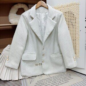 White Tweed Double Breasted Blazer Gold Buttons
